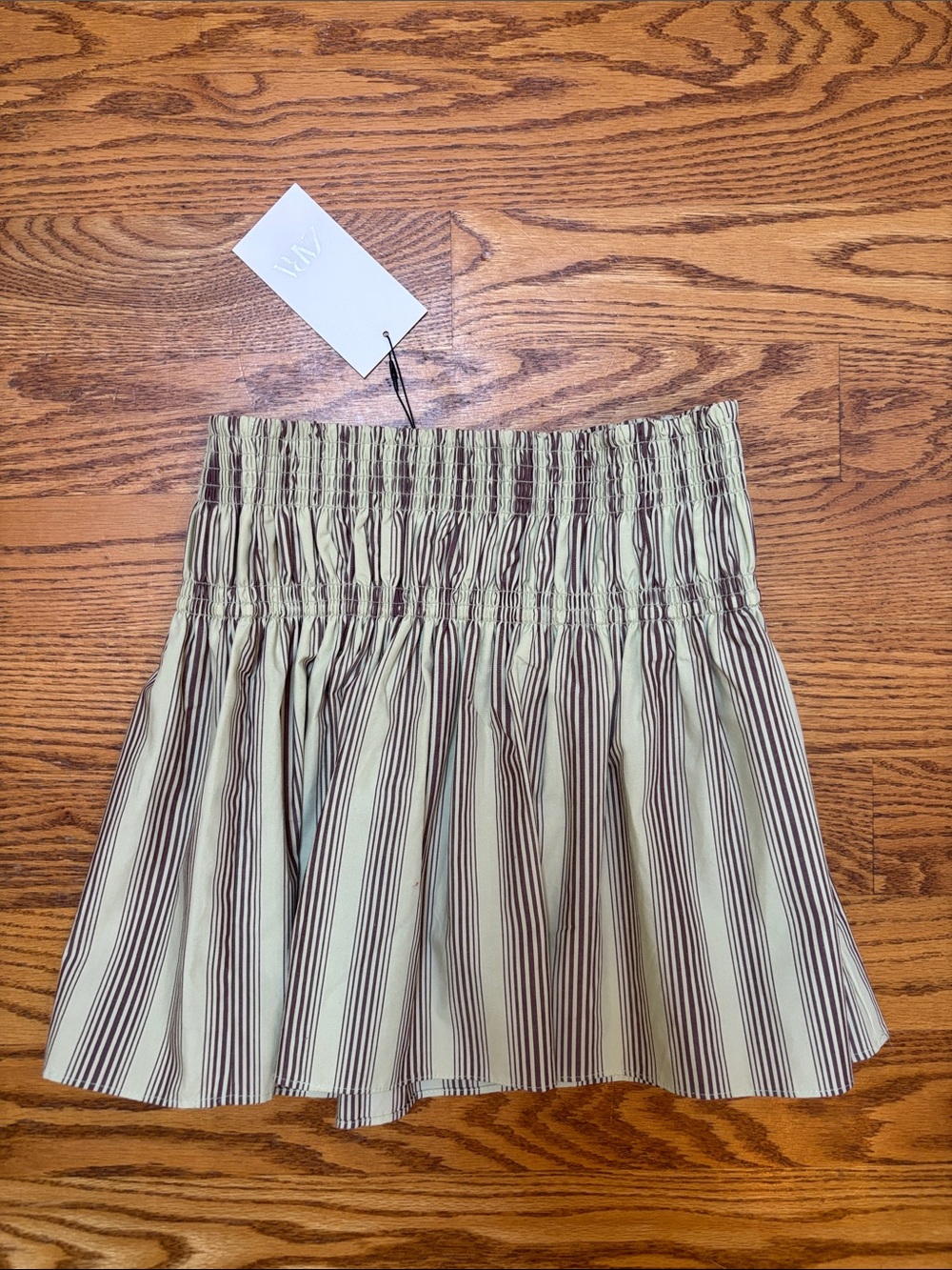 Zara Beige & Brown Striped Smocked Waist Skater Skirt